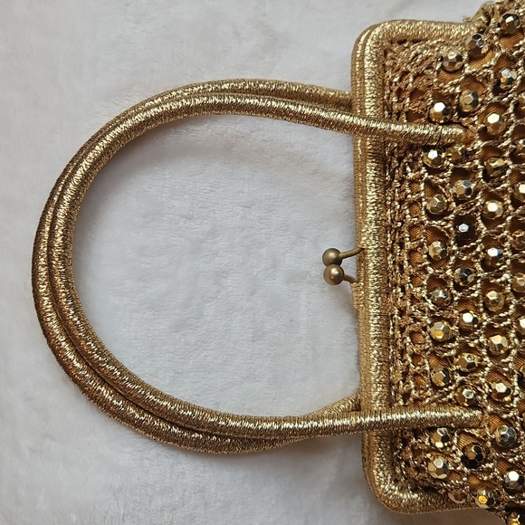 Vintage, Metallic Gold Beaded Purse,small Woven Handbag, with retro green lining - Picture 2 of 12